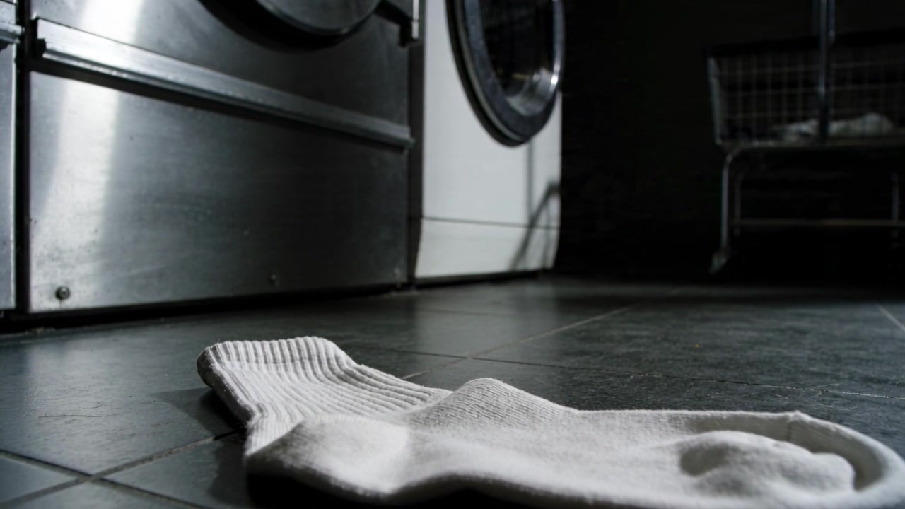 Panning low-angle camera revealing white sock on tiled floor in laundry room showing washers, cart