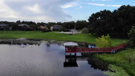 Drone-view-of-lake-trees-over-water-pond-with-a-small-dock-in-water-brackish-water