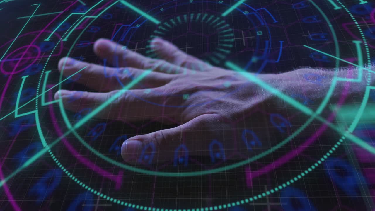 animación del procesamiento de datos y lectura biométrica de la mano.