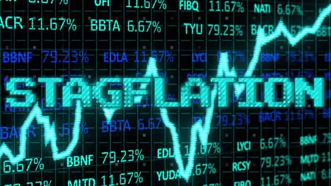 animation of stagflation text in blue over graph and financial data processing