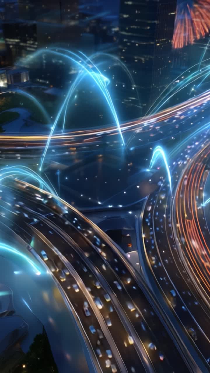 Scena notturna urbana dinamica che mostra fontane d'acqua colorate e traffico scorrevole in un paesaggio urbano moderno, evidenziando movimento ed effetti di illuminazione.