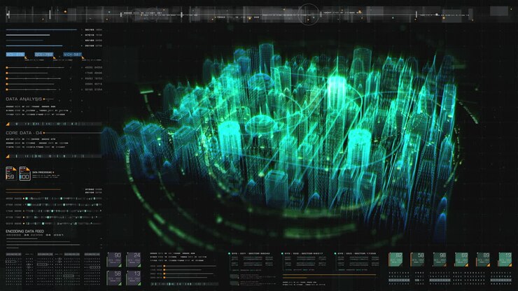 Futuristic head up display holographic city digitally generated image virtual reality matrix particles in cyber space background environment