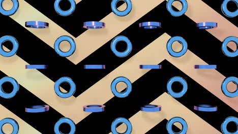 círculos metálicos azules girando en líneas de oro rosa de fondo. animación de bucle sin costuras 4k 3d.