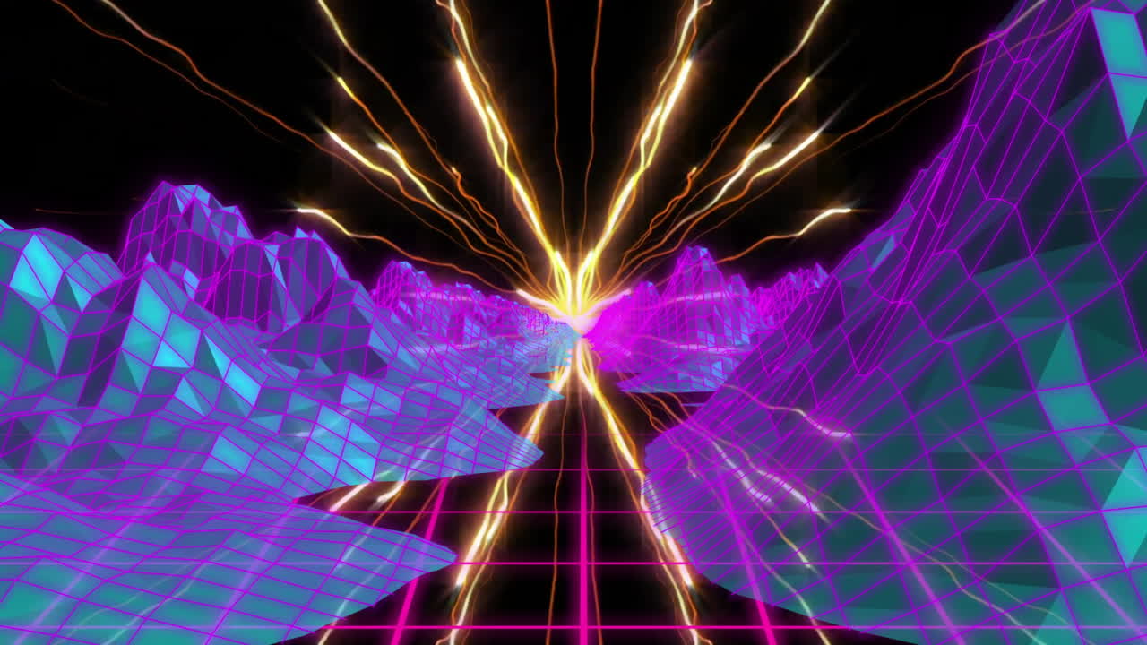 Animation of vibrant energy beams converging at central point in neon grid landscape
