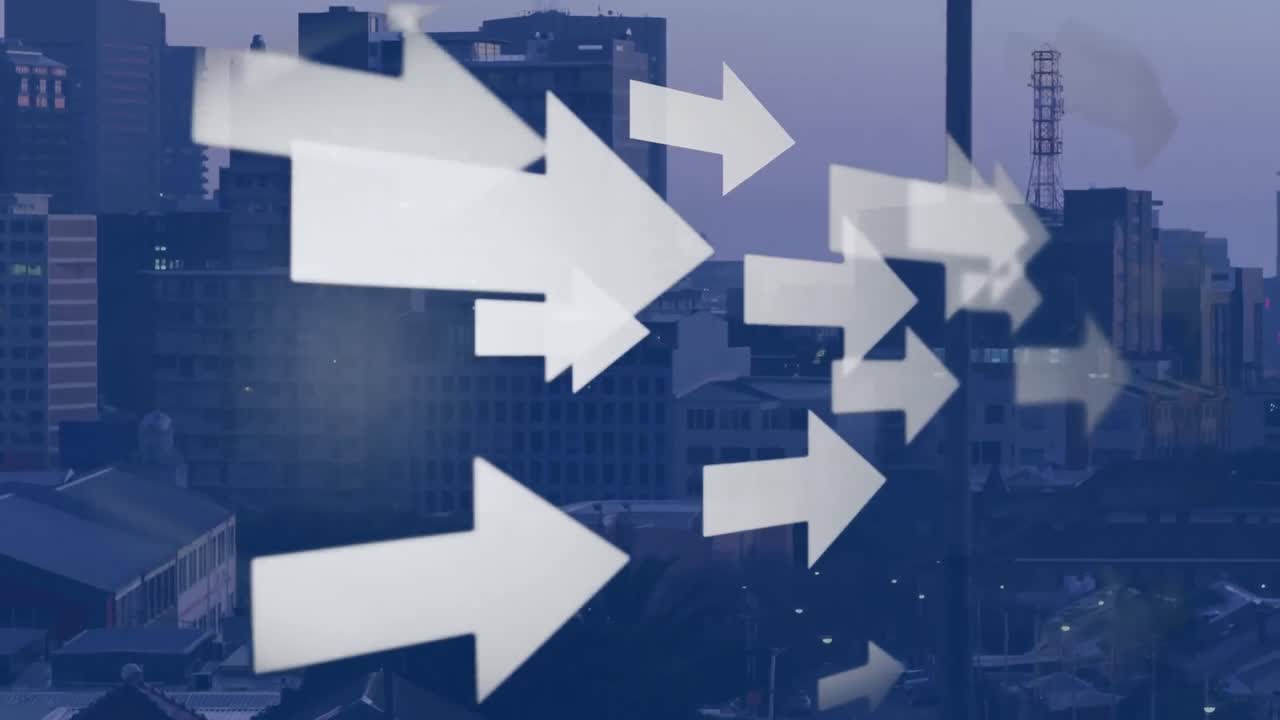 여러 화살표 아이콘의 애니메이션이 도시 풍경의 공중 전망에 대해 움직입니다.