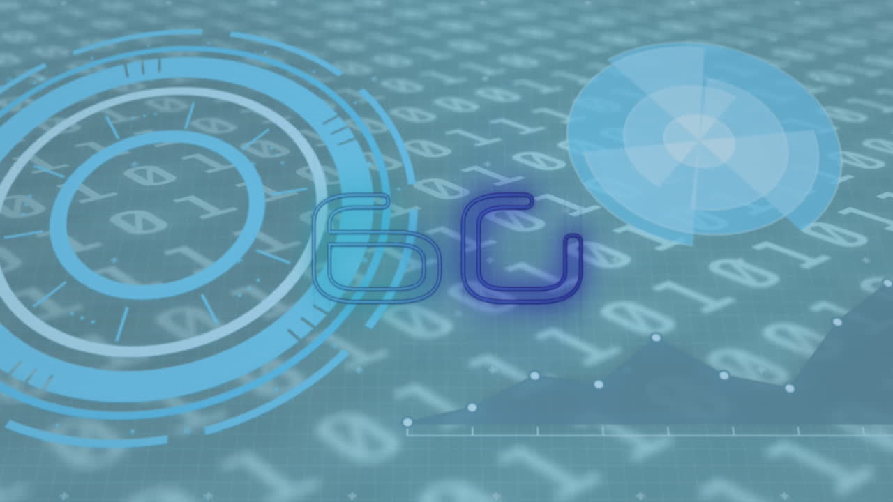 animación de texto de 6g sobre escaneos y codificación binaria en segundo plano