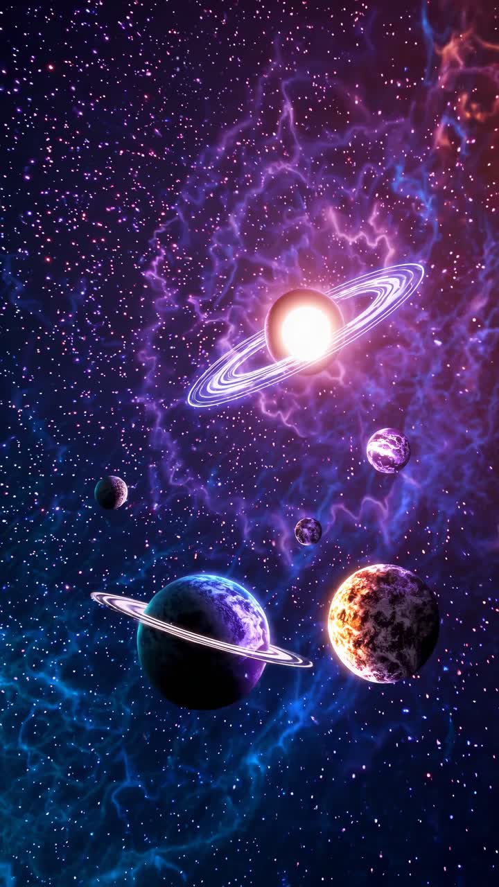 A cosmic video concept with vibrant planets and stars. Aerial angle captures the dynamic, colorful