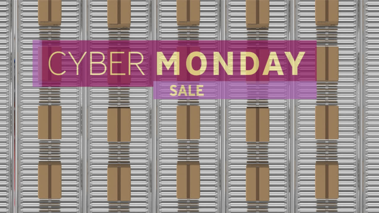 창고의 컨베이어 벨트에 있는 카드보드 상자 위의 사이버 월요일 텍스트의 애니메이션