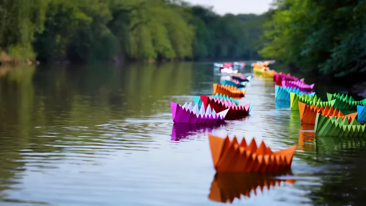 coloridos barcos de origami flotando en un río