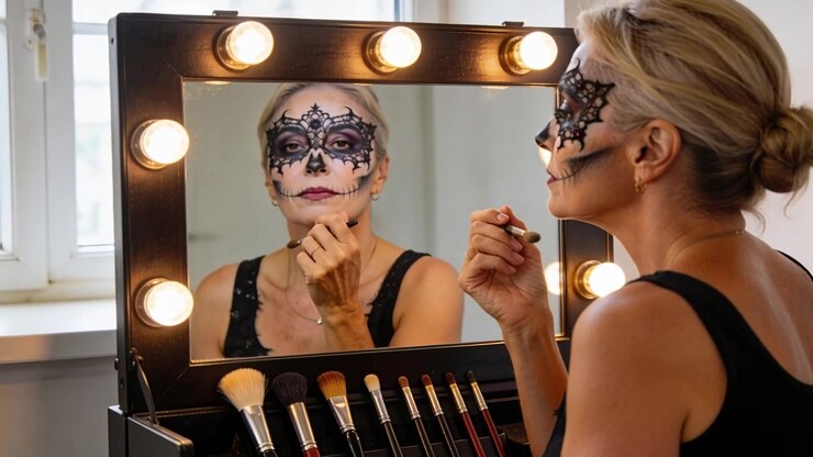 Eine Frau bereitet sich vor und trägt mit einem Pinsel Spitzen-Totenkopf-Make-up vor dem Spiegel auf, trägt ein schwarzes Oberteil, Kopierbereich