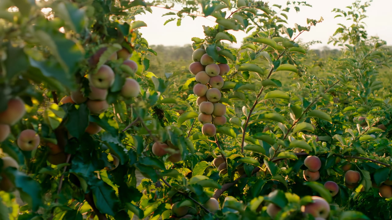 Golden Hour Apple Clusters On Branches, Late Afternoon Light Bathing Dense Bunches Of Apples In Warm Glow,