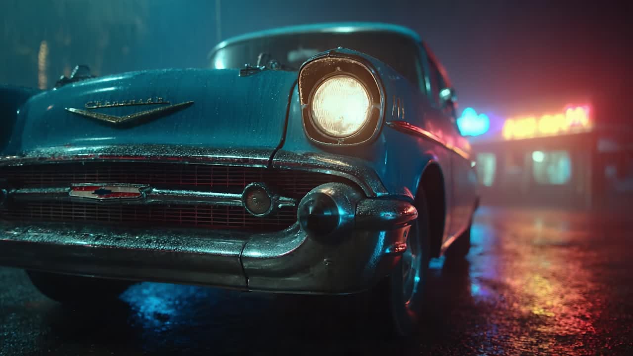 Ein strahlender Klassiker: Ein regennasses Oldtimer-Auto, beleuchtet von Neonlichtern in einer geheimnisvollen städtischen Nachtlandschaft