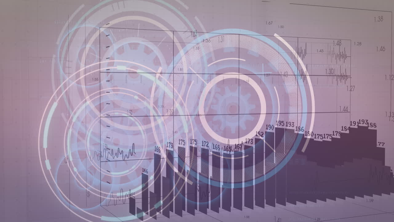 animación de múltiples gráficos con números cambiantes sobre ondas sonoras y engranajes mecánicos en círculos