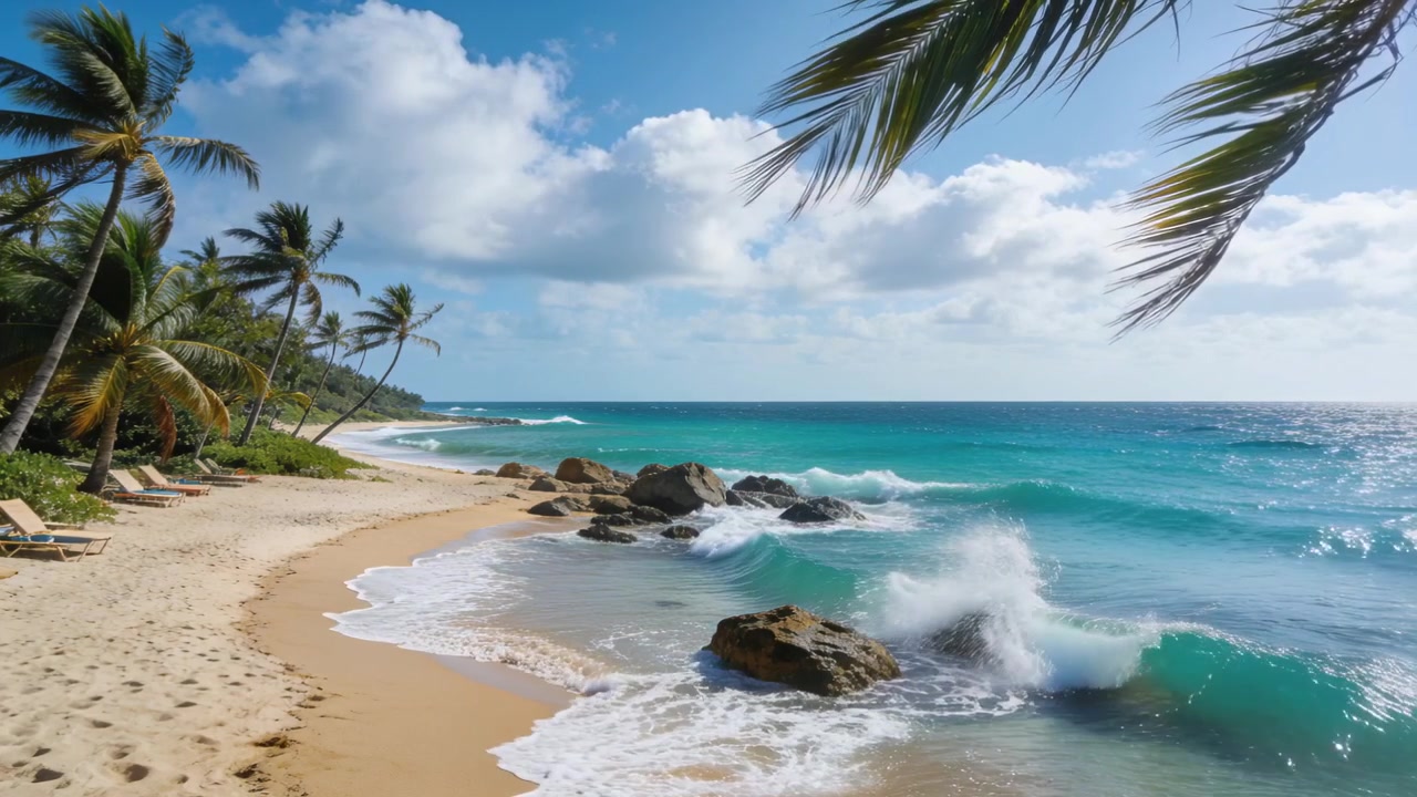 Ondulação crescente empurrando ondas azuis que contornam rochas em uma costa de areia clara, deixando espuma e marcas.