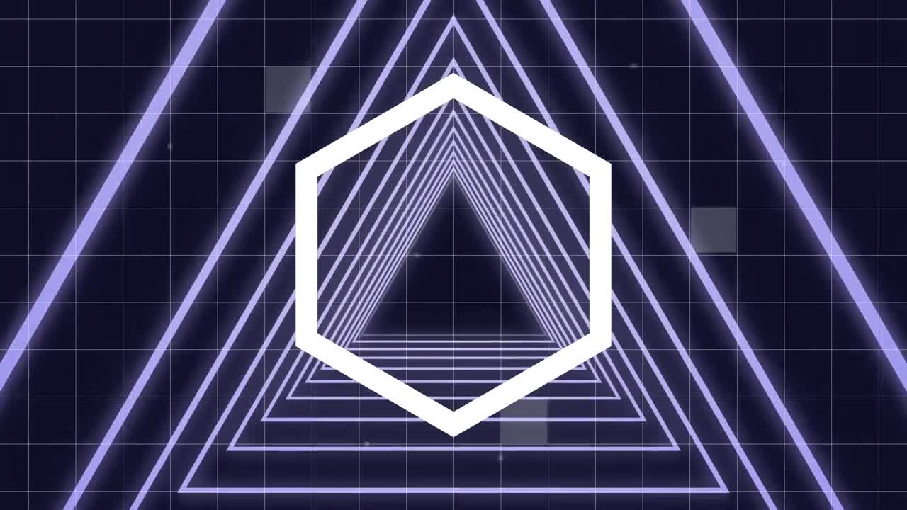 hexágono luminoso girando en el pasillo de triángulo luminoso con cuadrado virtual sizzle cayendo en la espalda