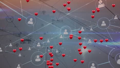 animation of red hearts and network of connections with people icons