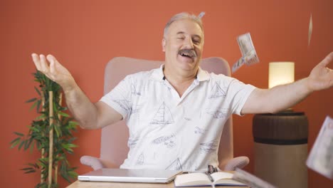 old man distributing banknotes and tossing them into the air.