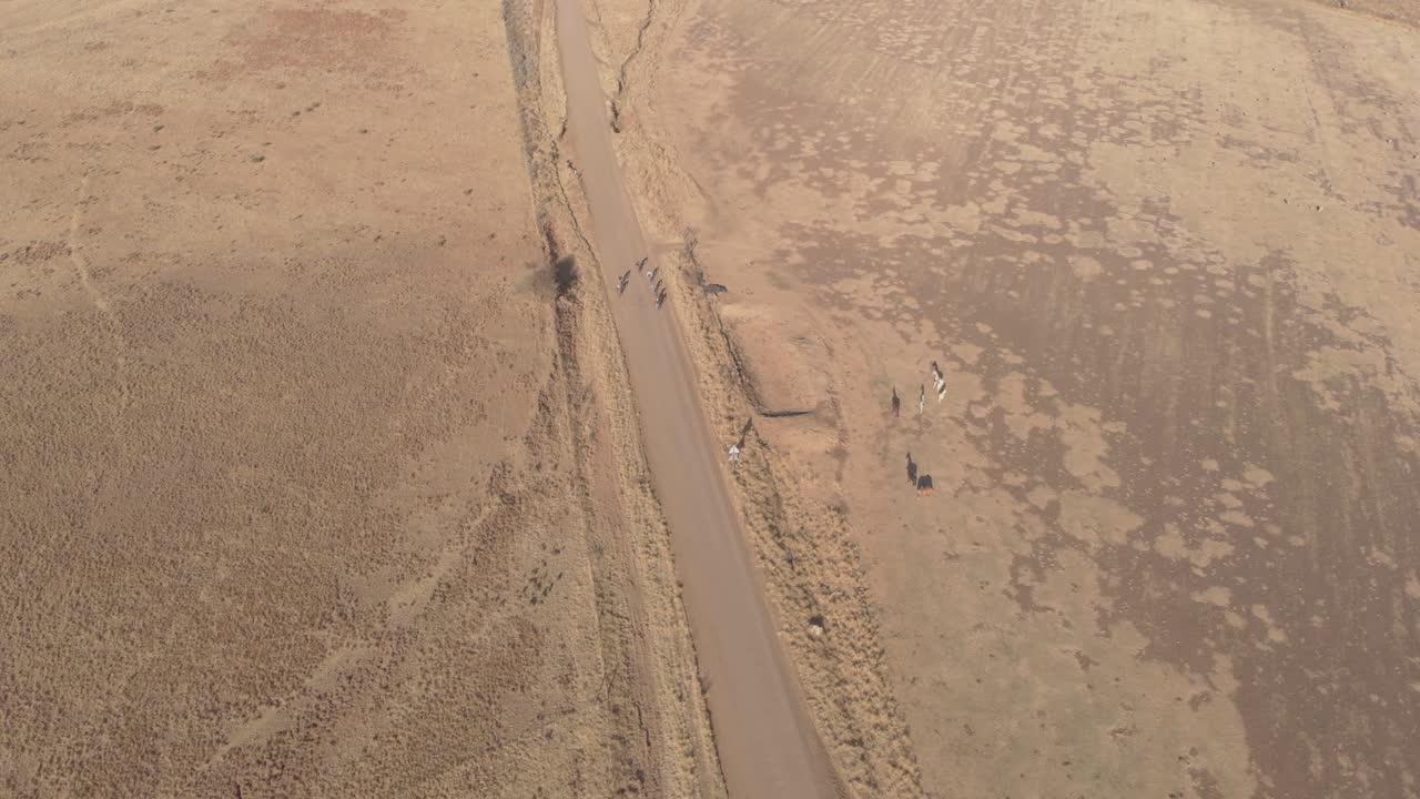 자갈길에서 경주하는 산악 자전거 그룹을 따라 공중 촬영