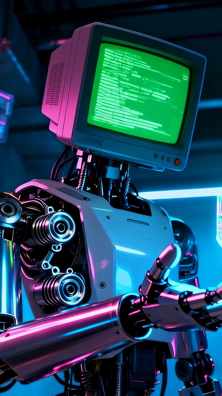 Vídeo vertical: Reacción a texto de CRT, robot levantando el brazo derecho en un laboratorio con cabeza CRT y motores en el pecho