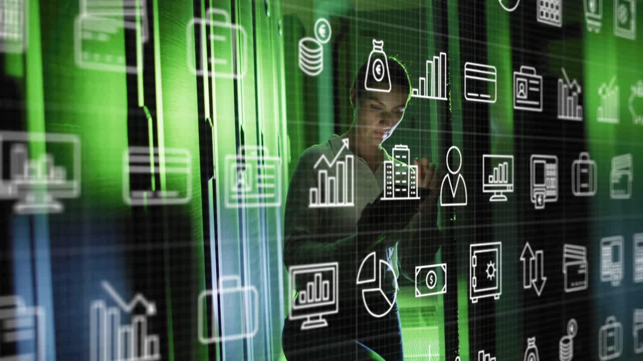 animación de iconos digitales y procesamiento de datos a través de servidores informáticos