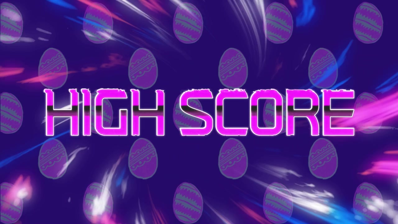 Høj score tekstoverlejring med animeret påskeæg-baggrund