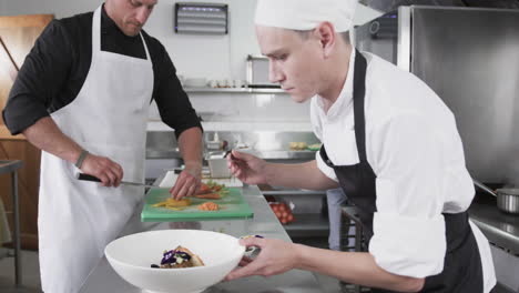 two caucasian male chefs cutting and decorating meal in kitchen, slow motion