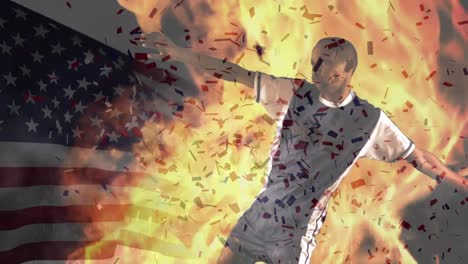 Animation-of-waving-usa-flag-and-flames-over-football-player