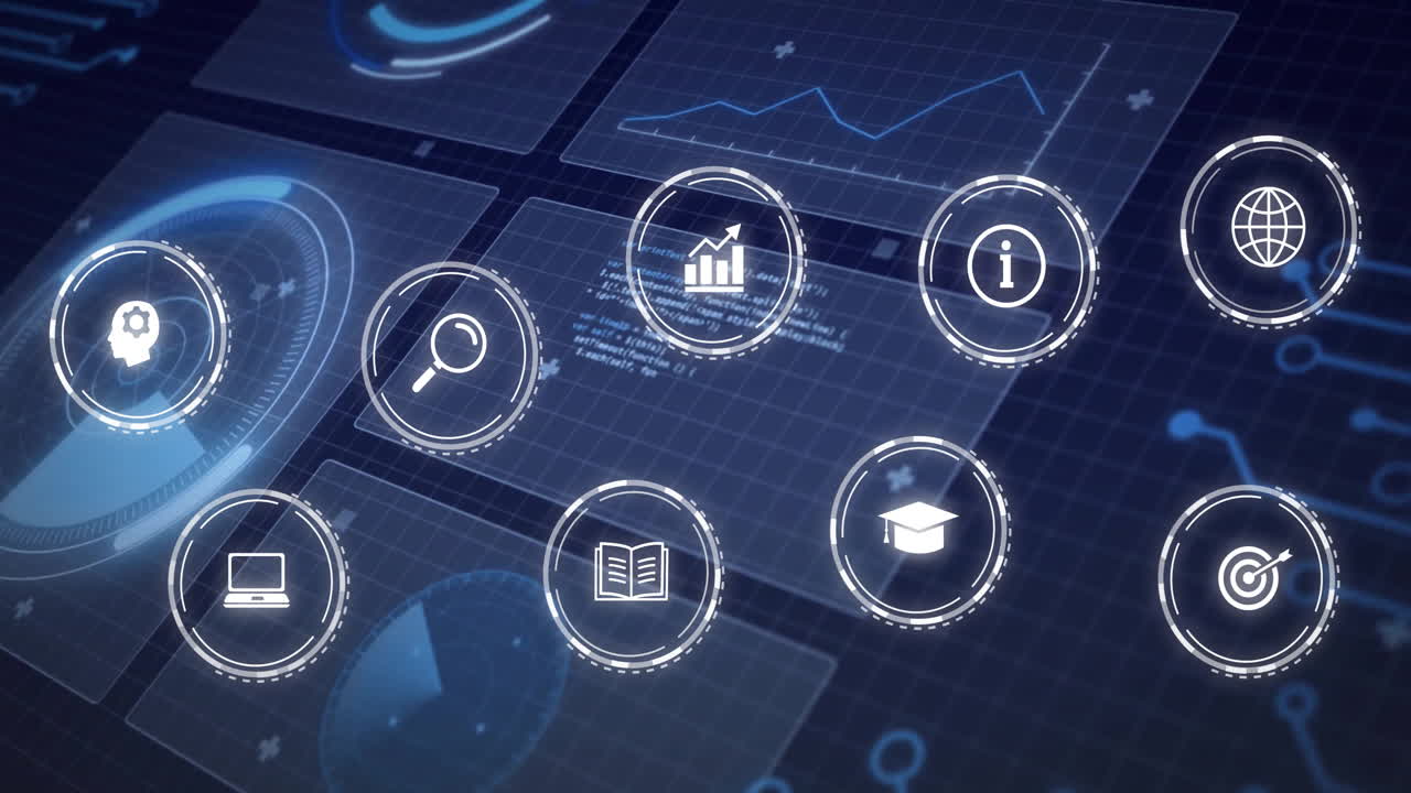 Animation of icons over data processing on black background