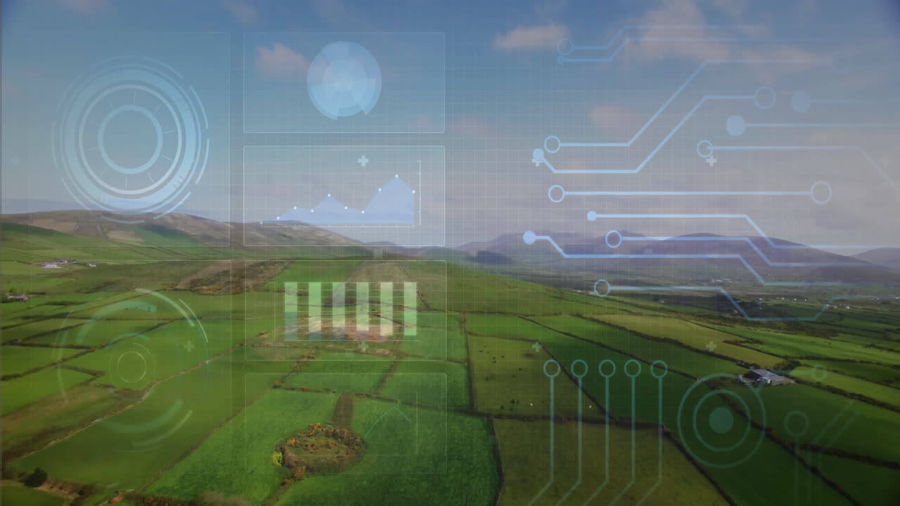 Aerial farmland displaying HUD overlays showing circular radar, pie bar charts, circuit connections