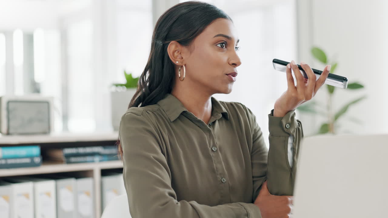 Speaker, voice note and business Indian woman