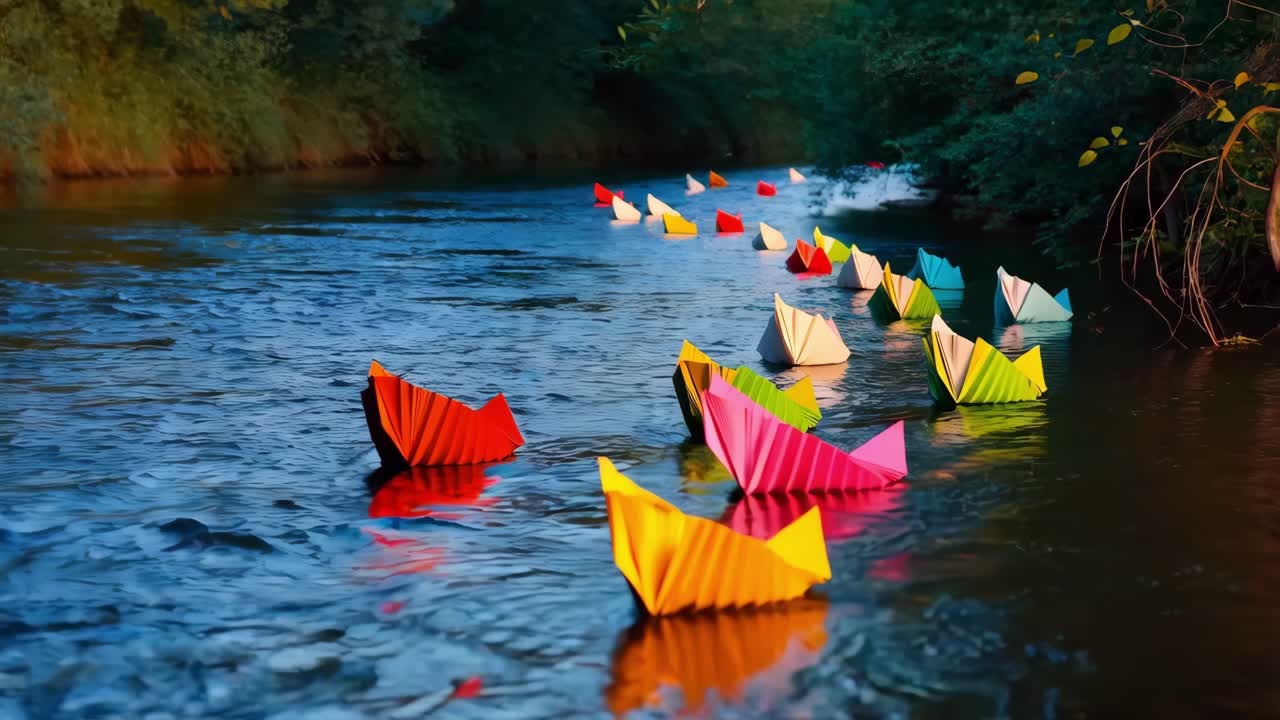 barcos de papel coloridos en un río