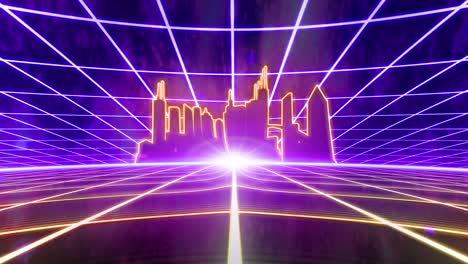 Retro-80s-VHS-tape-video-game-intro-landscape-vector-arcade-wireframe-city-4k