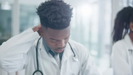 Black-man,-doctor-and-neck-pain