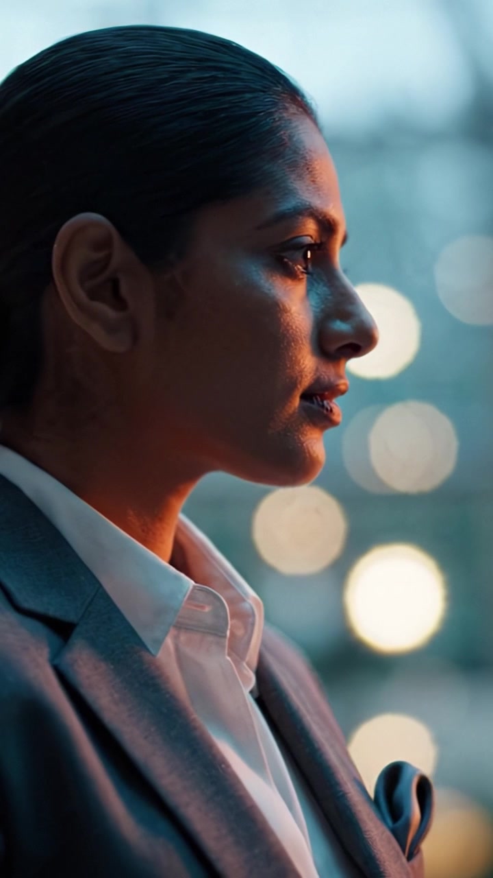 Profile of a Confident Businesswoman in a Suit with Soft Bokeh Lighting, Capturing Elegance, Poise, and Determination in a Serene Environment