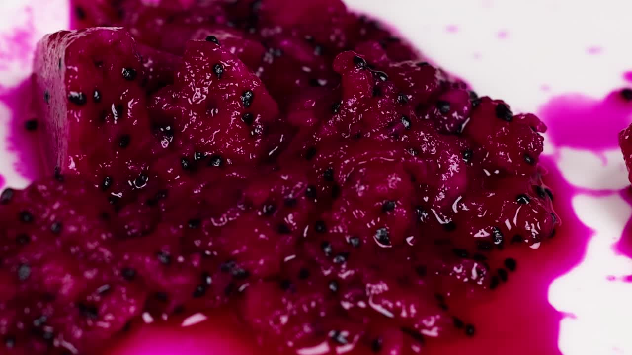 Close-up of Dragon Fruit Pieces and Juice