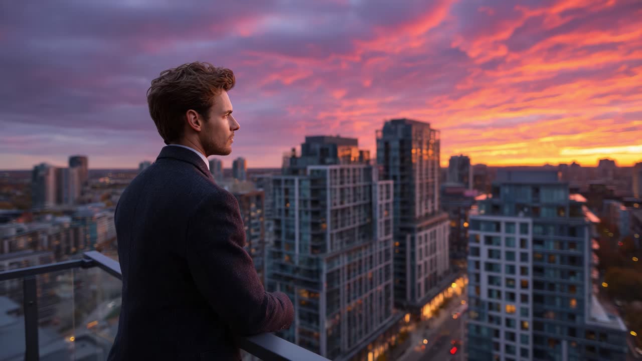 A contemplative moment at dusk as a man gazes over a bustling city skyline illuminated by a vibrant sunset, reflecting deep thoughts amidst urban beauty