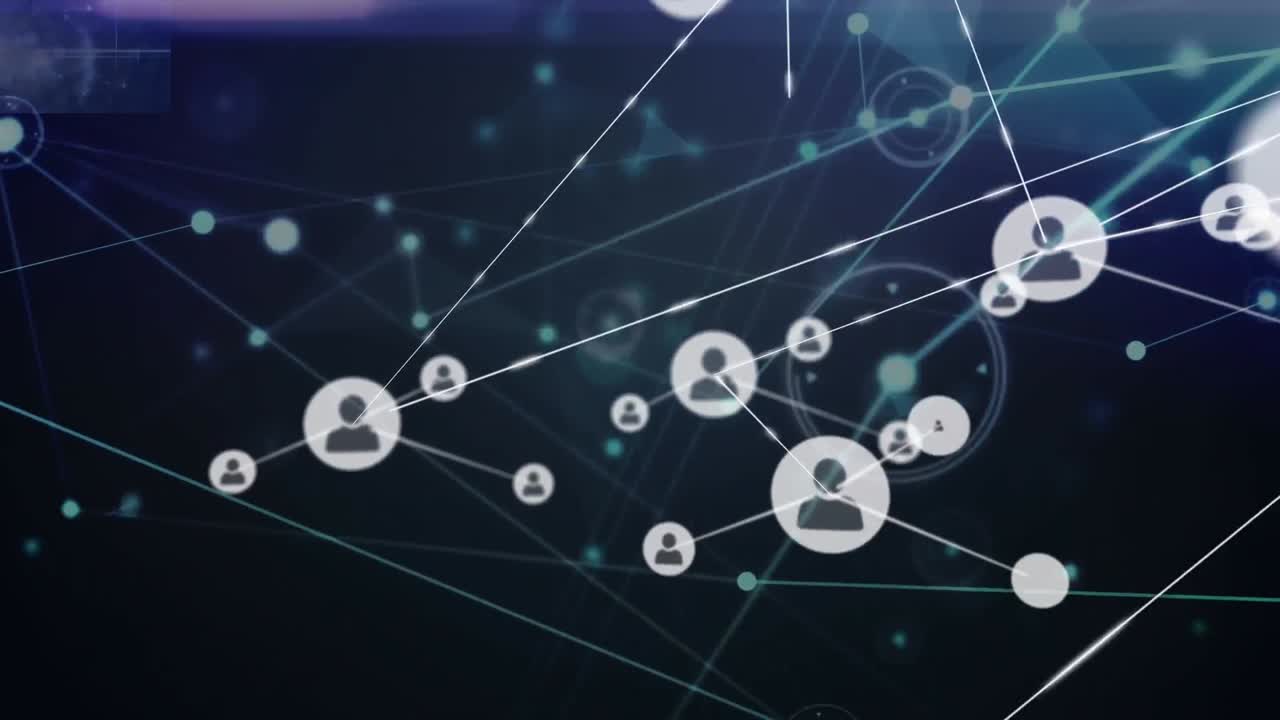 Animation of network of profile icons over light trails against blue background