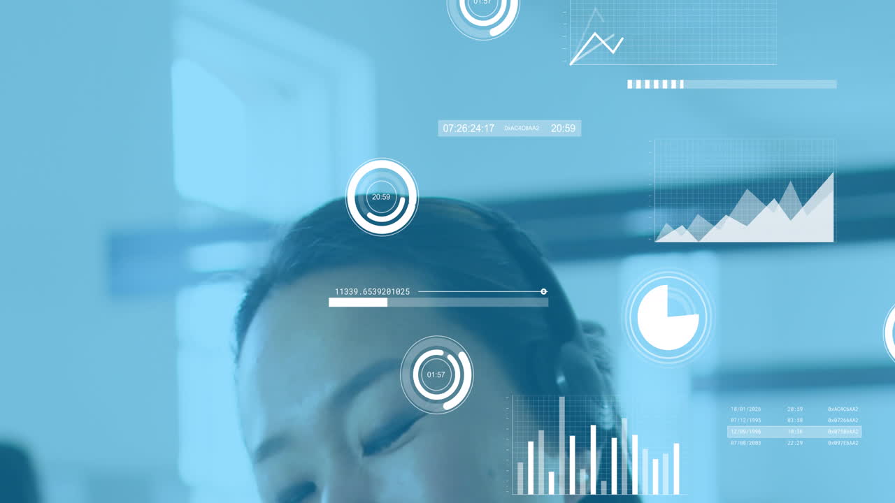 Animation of statistical data processing against asian woman talking on phone headset at office