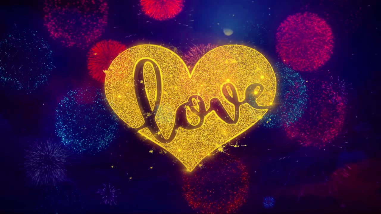 Golden Heart with Love Message and Fireworks