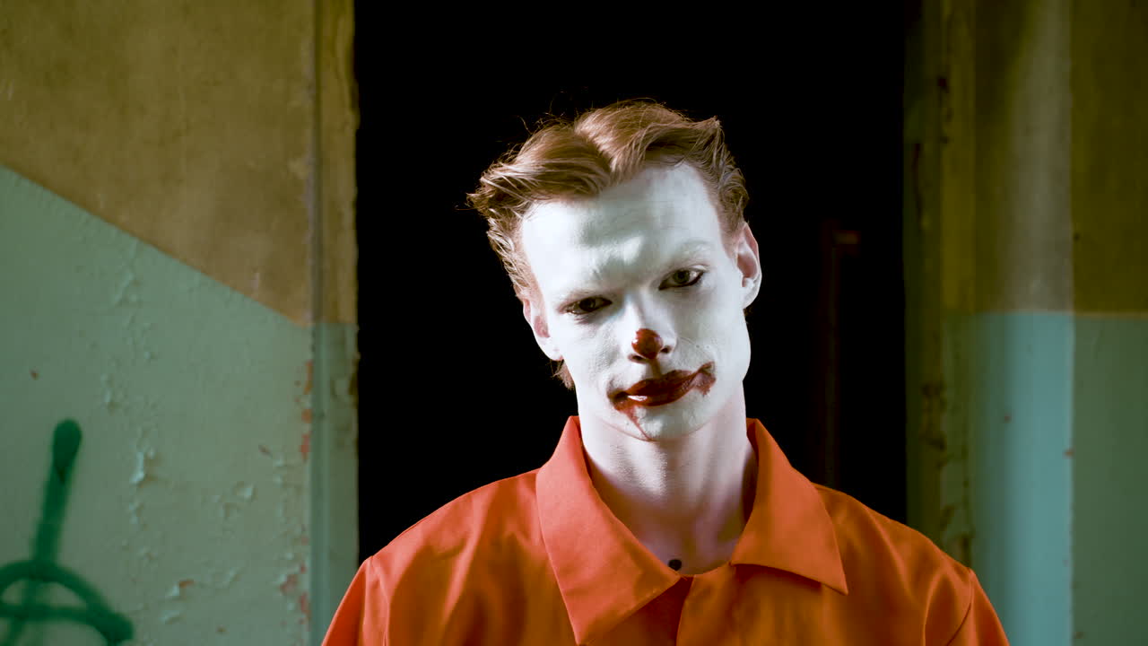 payaso aterrador en una casa abandonada