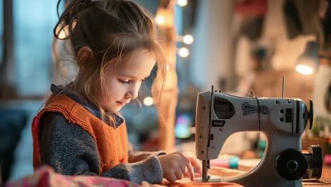 young seamstress carefully operating vintage sewing machine, concentrating on learning intricate craft within cozy, warmly lit home workshop environment