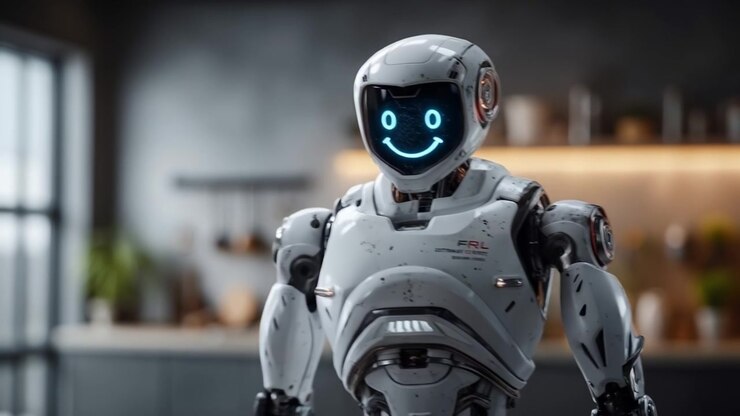 Robot umanoide avanzato con una faccina sorridente digitale in piedi in una moderna cucina residenziale