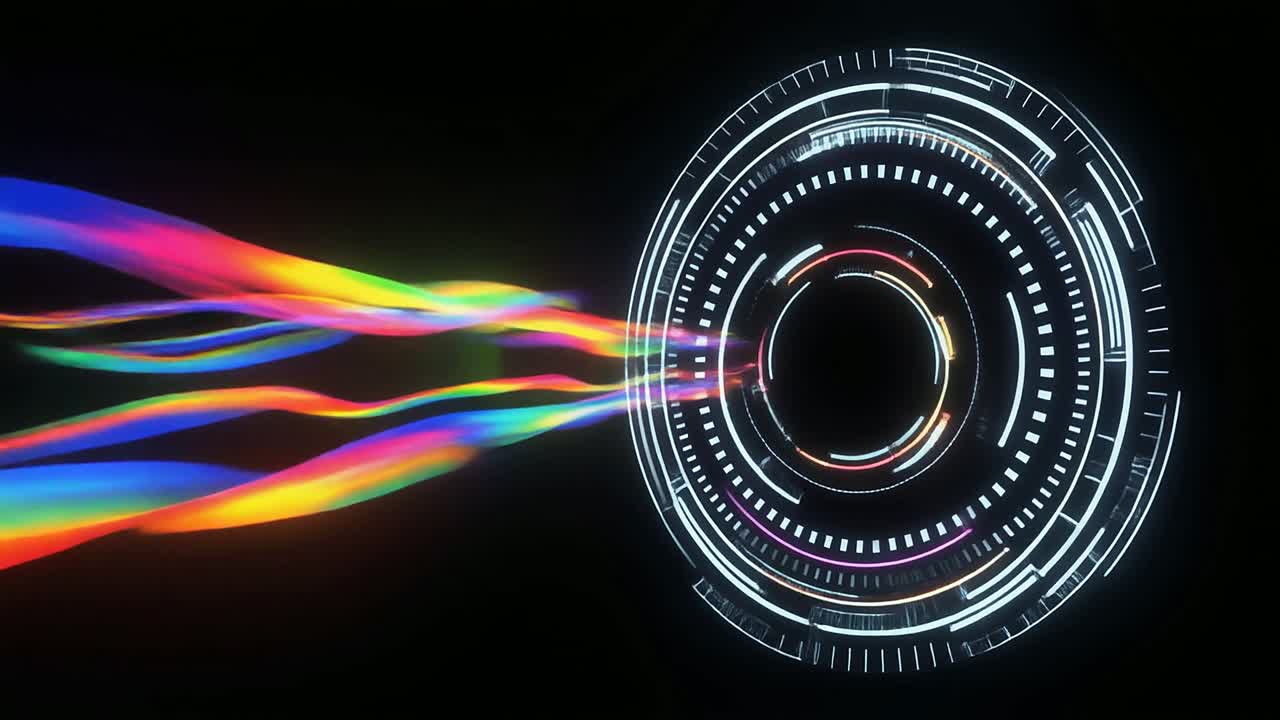Flussi di Dati Colorati che Confluiscono in un'Interfaccia Digitale Futuristica