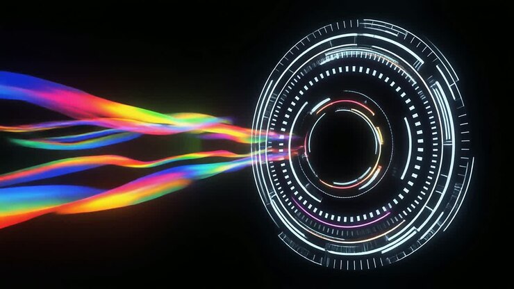 Flussi di Dati Colorati che Confluiscono in un'Interfaccia Digitale Futuristica