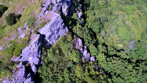 aerial-looking-down-at-rocky-ridge-atop-snake-mountain-nc,-north-carolina-near-boone-and-blowing-rock-nc