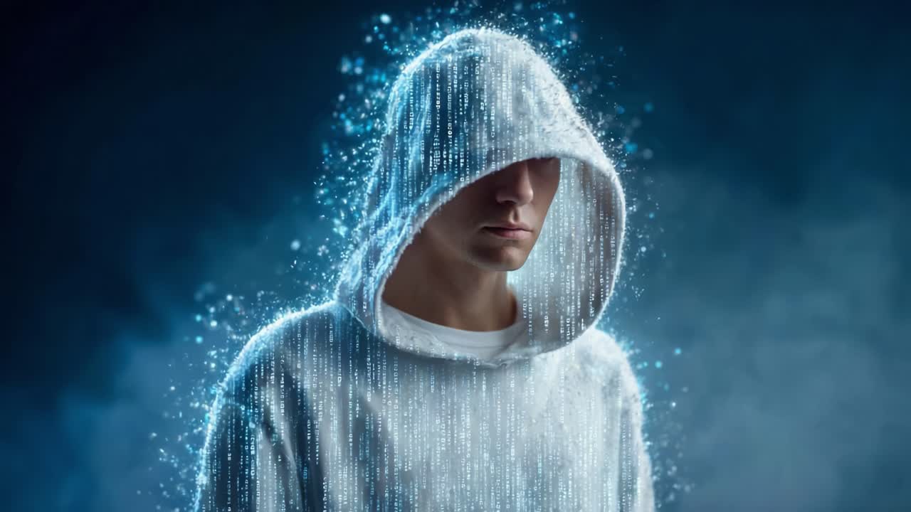 A Mysterious Figure in a Hooded Garment Surrounded by a Cascade of Digital Data, Emanating an Ethereal Glow in a Dark, Enigmatic Atmosphere