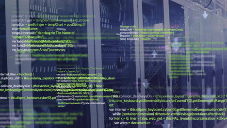 animación del procesamiento de datos y la red de conexiones a través de la sala de servidores