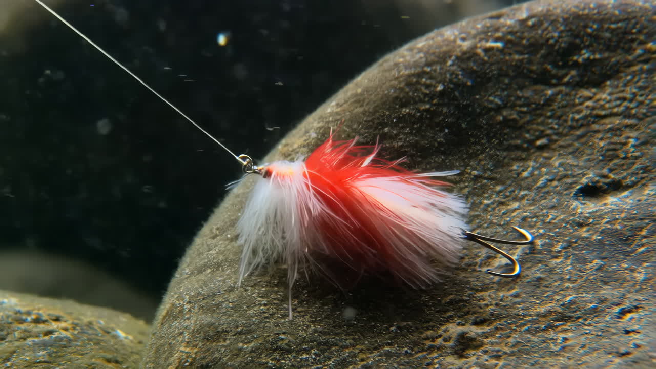 Red and White Fishing Lure Underwater on a Rock