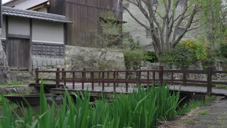 Bridge-across-Hachiman-Bori,-Ancient-Merchant-Canal-in-Shiga-Prefecture,-Japan