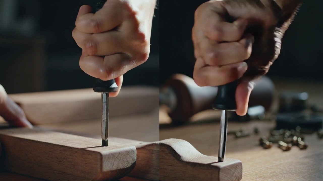 Posizionando un punteruolo su un punto segnato sul banco, l'artigiano ruota il punteruolo, praticando un foro per le viti nel legno